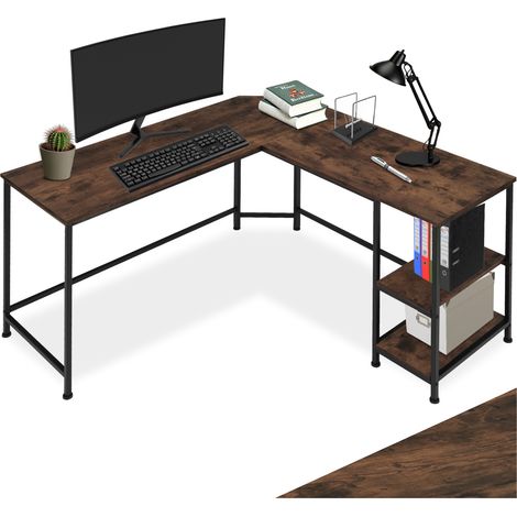 Bureau en panneau de fibres avec étagère stockage bois foncé (1/5)