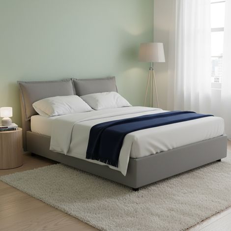 Dmora - Lit double Dmelott, Lit conteneur avec revêtement en tissu, 100% Made in Italy, Ouverture frontale, avec matelas 140x190 cm inclus, Gris (1/5)