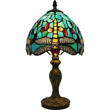 Lampe Tiffany, lampe baroque, abat-jour en verre coloré, lampe de table rétro vintage, lampe de chevet, bureau, étude - (libellule verte) (1/5)