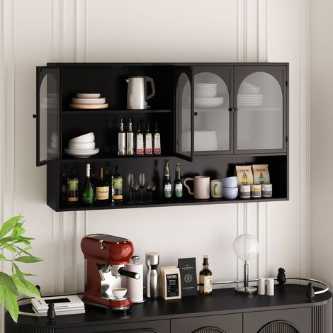 Armoire murale de cuisine 120x23x70 cm 4 portes en verre gris, rangement pour cuisine ou salon, métal noir (1/5)