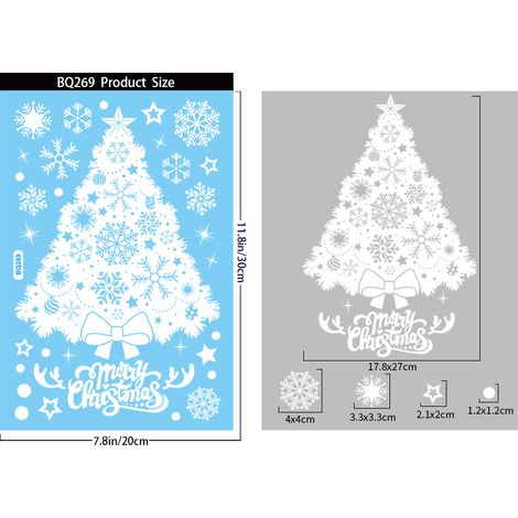 Autocollants de Noël, stickers pour fenêtres, sapin blanc avec le Père Noël, cloches, traîneau, bonhomme de neige, renne, flocons de neige, autocollants électrostatiques