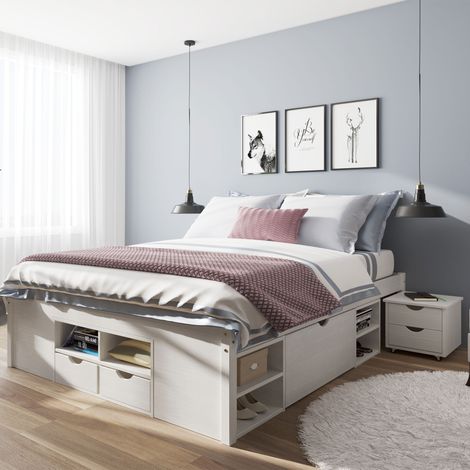Ensemble lit 160x200 cm + 2 chevets en pin massif blanc - CHAMONIX