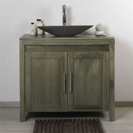 Ensemble meuble de salle de bain teck peint 90 cm avec vasque à poser ovale en terrazzo noir