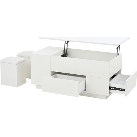 Mesa de centro elevable 100 x 50 x 45 cm con LED, 2 cajones y 2 taburetes, color blanco HOMVRA (1/5)