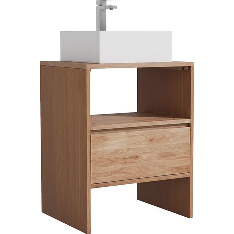Mobile bagno in quercia massiccia con lavabo da appoggio quadrato e rubinetto Naturale chiaro 60 cm - CAVIZO
