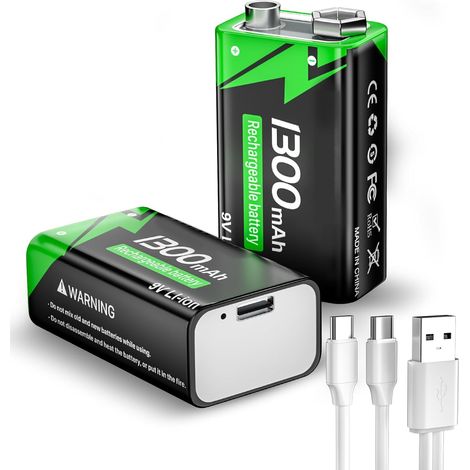 Piles 9V Rechargeables, 9 Volt Piles Carrées Lithium-ION Batteries avec Port de Charge USB-C Rapide pour Microphone, Détecteur de fumée, Jouets électroniques etc (Lot de 2) (1/5)
