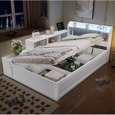 Cama con almacenamiento hidráulico de 120x200 cm con LED, estación de almacenamiento y carga, apertura reversible, madera blanca. (1/5)