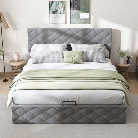 Stauraumbett, hydraulisches Funktionsbett mit Lattenrost und Stauraum, schlicht und elegant, 140x200cm, grau