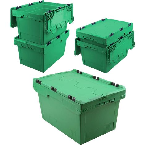 BRB 5x Boîte à couvercle pliant/Boîte réutilisable, vert, scellable, empilable, LxlxH 600x400x300 mm, 47 L