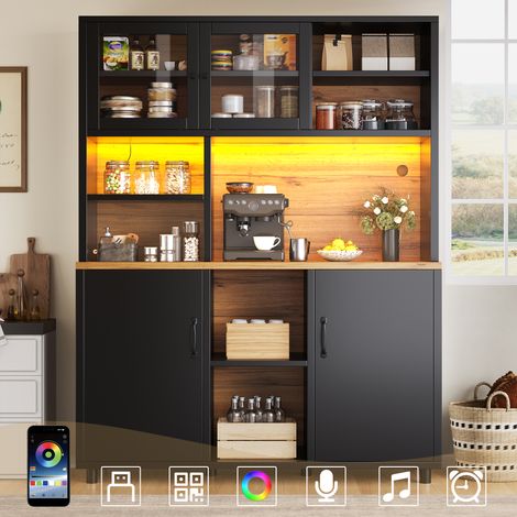 Armoire haute avec éclairage LED, commande par application, meuble de cuisine de 185 cm de haut avec portes coulissantes et étagères réglables, noir avec imitation bois, pour cuisine et salle à manger (1/5)