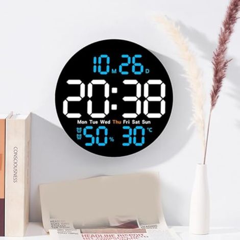 Horloge murale numérique LED ronde de 25 cm (10 pouces) avec indicateur de température et d'humidité, idéale pour la décoration intérieure (bleue) (1/5)