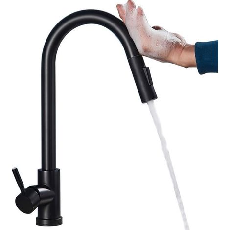 1 Robinet de Cuisine, Mitigeur Sense, Laiton Noir Mat, Pulvérisateur Extractible 2 Modes, Rotation 360°, Salle de Bain