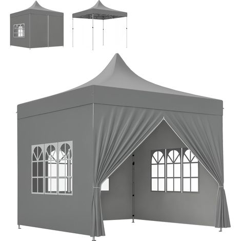 Tonnelle de jardin tente pliante 3 x 3 m 4 parois latérales amovibles 3 fenêtres hauteur réglable sac de transport gris (1/5)