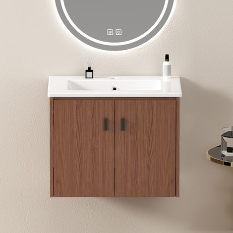 Meuble vasque de salle de bain 60 cm avec 2 portes à fermeture douce, MDF, brun rouge (1/5)