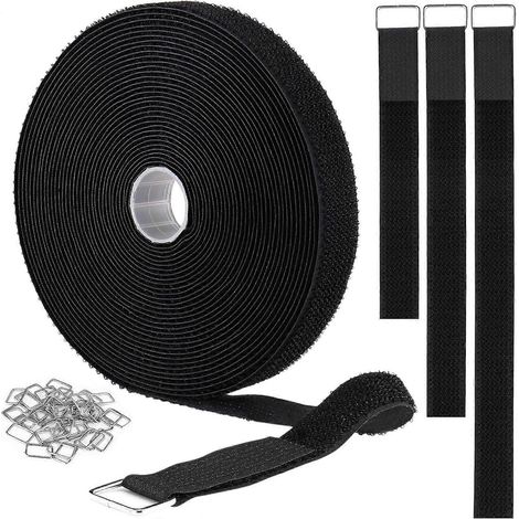 2 sangles auto-agrippantes de 10 m avec 50 boucles métalliques, réutilisables et prédécoupées, en nylon noir. (1/5)