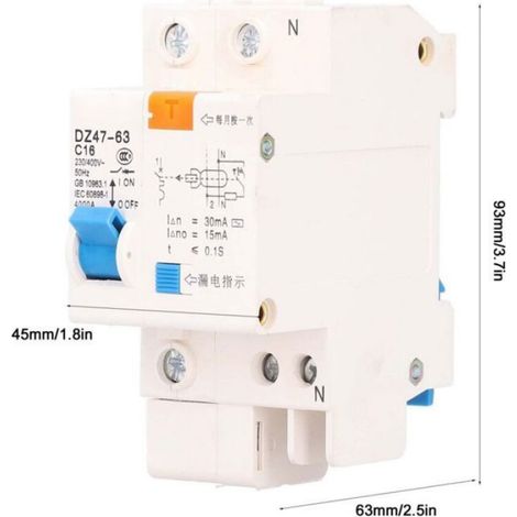 Disjoncteur Différentiel - 1P 16 A - 220 V - Protection Fuites Courant et Surcharges - Rail DIN 35 mm - 1 Pièce (1/5)