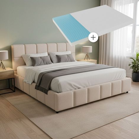 Juskys Polsterbett Florenz 180 x 200 cm mit Matratze – Bouclé, modernes Bett mit Kopf- & Fußteil, stabilem Holz- & Metallrahmen, Lattenrost, 500 kg Tragkraft – Beige