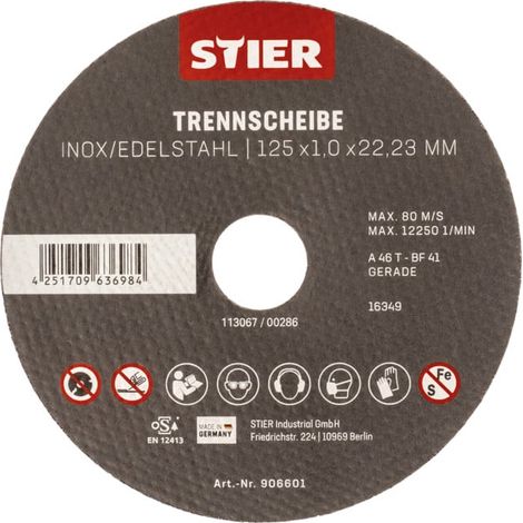 Disque à tronçonner STIER acier inoxydable, 5 pièces, 125 x 1,0 x 22,23 mm, forme 41 5 pièces