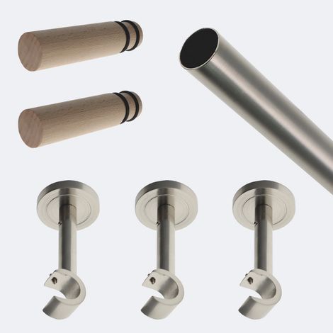 Kit de tringle à rideaux Nickel Mat 250cm Diam.20mm Embout Cylindre Bois - Fixation Mur - Boulet (1/3)