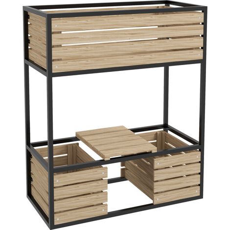 Jardinière surélevée en bois, bac à fleurs à deux niveaux avec étagère, potager surélevé avec voile d'hivernage intérieur, jardinière à herbes aromatiques, marron clair, 83 x 39 x 100 cm