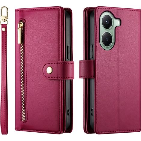 Funda tipo libro para Xiaomi Poco X7 Pro 5G, con bolsillo tipo cartera y cremallera, color rojo. (1/5)