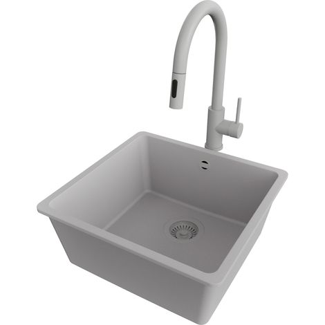 PRIMAGRAN Evier Cuisine en Granit 46x44cm,Lavabo 1 bac + Robinet 40x20cm + Kit de Vidage, Évier à Encastrer au meuble 50cm - Venise Slim Easy, Gris (1/5)