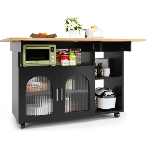 Küchenwagen mit Klappbarer Tischplatte, 2 Geschlossenen Fächern, Offenen Regalen und Rollen, aus MDF und Glas, 120x30x79.5 cm, Schwarz Natur (1/5)