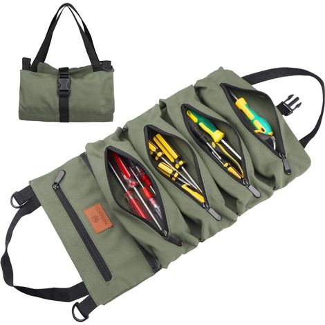 Sac à outils enroulable, sac à outils en toile pour clés, organisateur de trousse à outils, 5 poches zippées pour outils, vert (1/5)