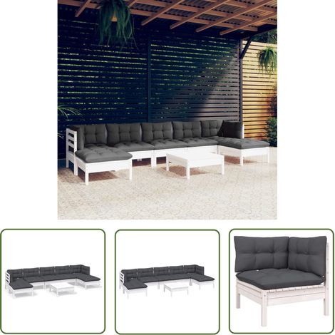 The Living Store Salon de jardin 8 pcs avec coussins blanc bois de pin - Ensemble Salon De Jardin - Mobilier De Jardin - Salon De Patio - Meubles De Jardin - Chaise Longue (1/5)