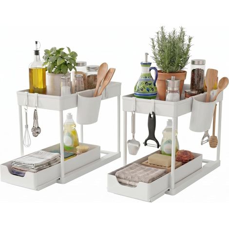 Lot de 2 Organisateur Sous Évier, 2 Niveaux avec Tiroirs, Rangement Coulissant pour Cuisine, Salle de Bains, Buanderie - Économiseur d'Espace,Blanc (1/5)