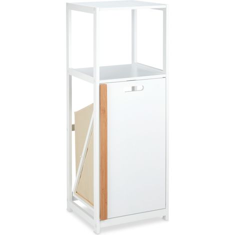Scaffale da bagno stretto e moderno con cesto per biancheria pieghevole 90 x 30 x 80 cm in MDF bianco 130010547