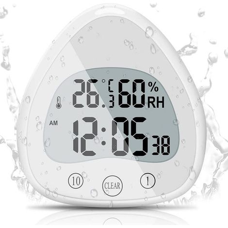 This LCD digital bathroom alarm clock features a waterproof touch function, a waterproof timer, a thermometer, and a portable clock. (1/4)