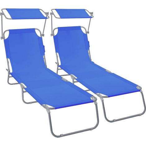 Lot de 2 Chaise Longue avec Pare Soleil Bain de Soleil Pliable Tissu Polyester Inclinable 4 Positions Transat Charge Max 120KG pour Jardin Terrasse Piscine Plage Camping Bleu (1/5)