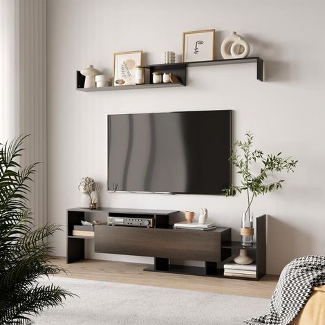 Ensemble meuble TV avec banc et étagère murale style contemporain 153,6L cm - noir (1/4)