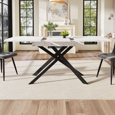 Table à manger extensible 120-160cm, table télescopique gain de place, pieds croisés en métal noir, plateau blanc effet marbre, idéale pour cuisine et salon