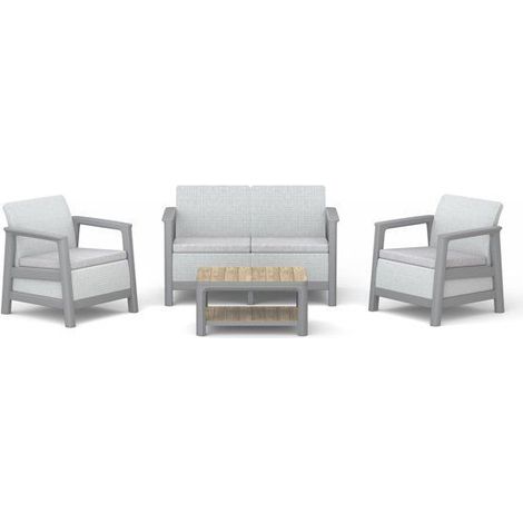 Salon bas de jardin - Résine - 4 personnes - Keter - Scandi Linea - Table 2 plateaux imitation bois - Imitation canage beige (1/5)