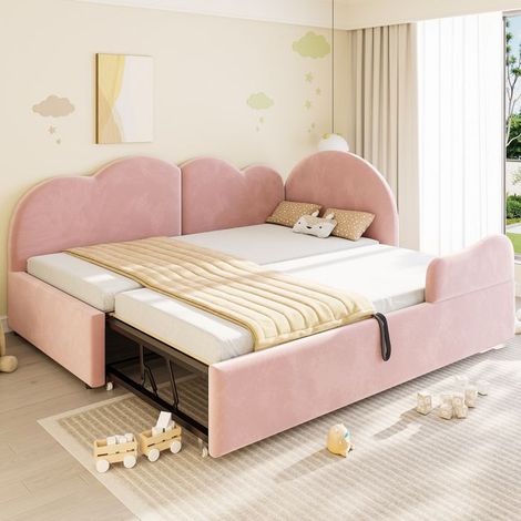 Lit - CIPACHO - L-forme - 90 x 200 cm - Velours rose - Canapé-lit gigogne hydraulique (1/5)