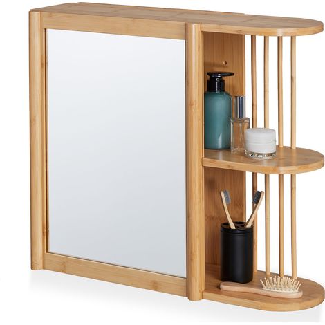 Relaxdays Wall Shelf with Mirror, Bamboo, 2 Half Open Shelves, 53x62x20 cm, Bathroom, Hanging, Cabinet, Natural Wood (1/5)