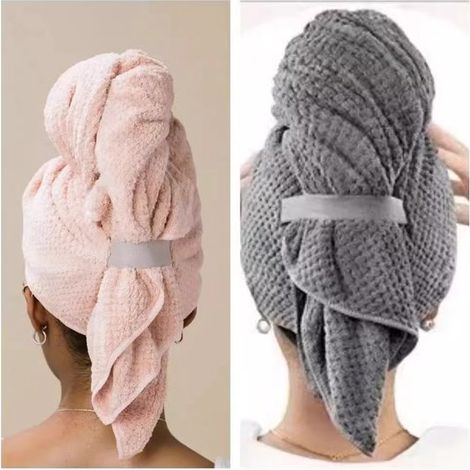 2-teiliges großes Mikrofaser-Haartrockenhandtuch-Set, Anti-Frizz, super saugfähig mit Gummiband, Grau/Rosa, 60 x 100 cm. (1/5)