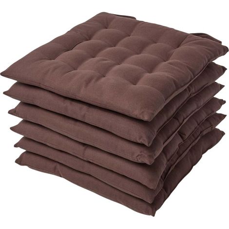 HOMESCAPES Chocolate Brown Plain Seat Pad with Button Straps 40 x 40 cm, Set of 6
