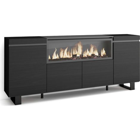 Skraut Home - Credenza, Mobile, Cucina, Madia, mobile ingresso, 210, 4 Porte, Camino elettrico XXL, Design industriale, Stile moderno, Nero (1/5)