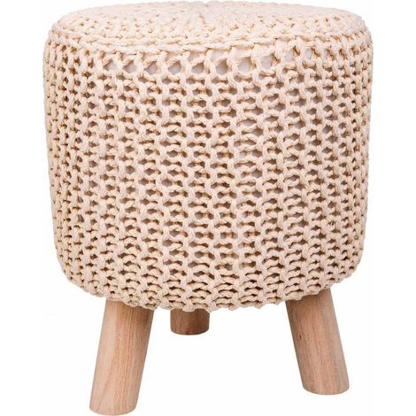 tabouret rond crème en bois et coton style bohème - crème naturel et bois clair (1/5)