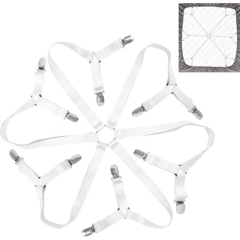 3 Pièces Accessoire de lit, Sangle élastique croisée, Pince de fixation réglable, Clip en métal chromé, Pour matelas ronds et carrés (1/5)