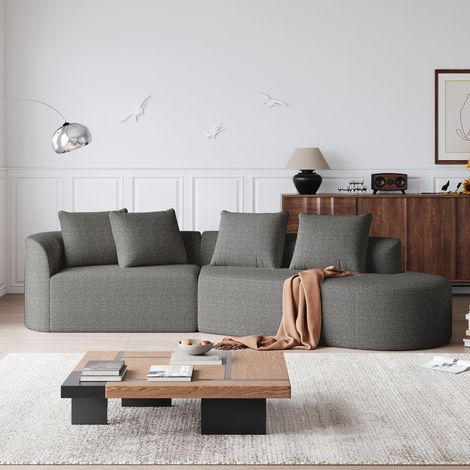 Ecksofa Chenille Dunkelgrau 4-Sitzer, extra tiefe und breite Sitzfläche, geschwungenes Design, ohne Montage