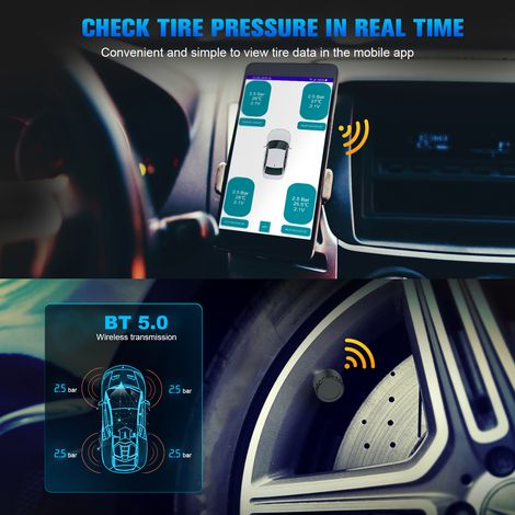 Système de surveillance de la pression des pneus, alarme étanche pour pneus de voiture, Transmission sans fil BT 5.0, affichages et température en temps réel.