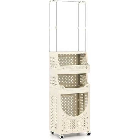 Chariot à linge pliable 4 niveaux avec barre de suspension, 8 crochets et 4 roulettes pour buanderie salle de bain et chambre (1/5)