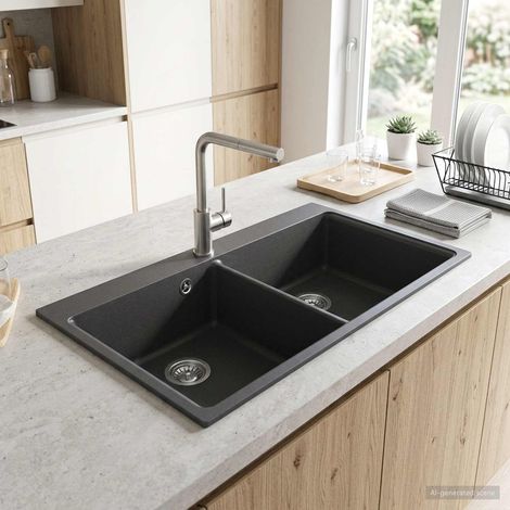 vidaXL Fregadero de Cocina Doble Granito 86 x 51 x 30 cm Grafito (1/5)