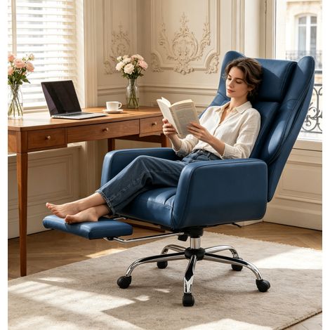 fauteuil de bureau ergonomique bleu inclinable 90 à 135 degrés avec repose pieds télescopique accoudoirs rabattables chaise pivotante en cuir pu pour bureau maison (1/5)