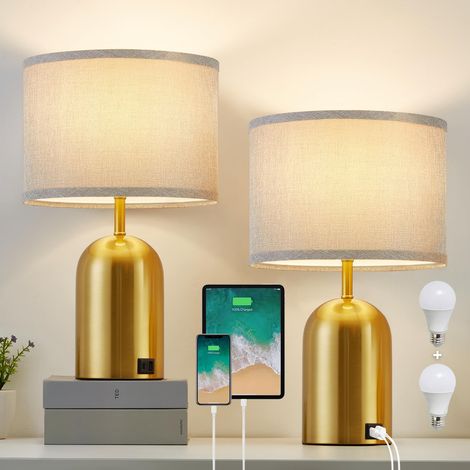Lot de 2 lampes de chevet avec port USB, lampe de table à commande tactile, lampe de chevet avec abat-jour en tissu, 3 températures de couleur (1/5)