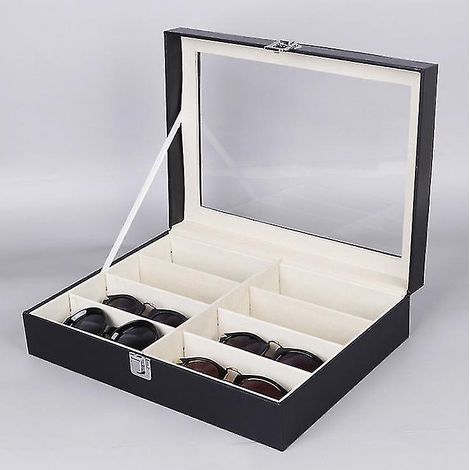Boite De Rangement Pour Lunettes - 8 Compartiments - Couvercle Acrylique Transparent Et Fermeture A Serrure - Revetement En Cuir Pu Noir - 1 Piece